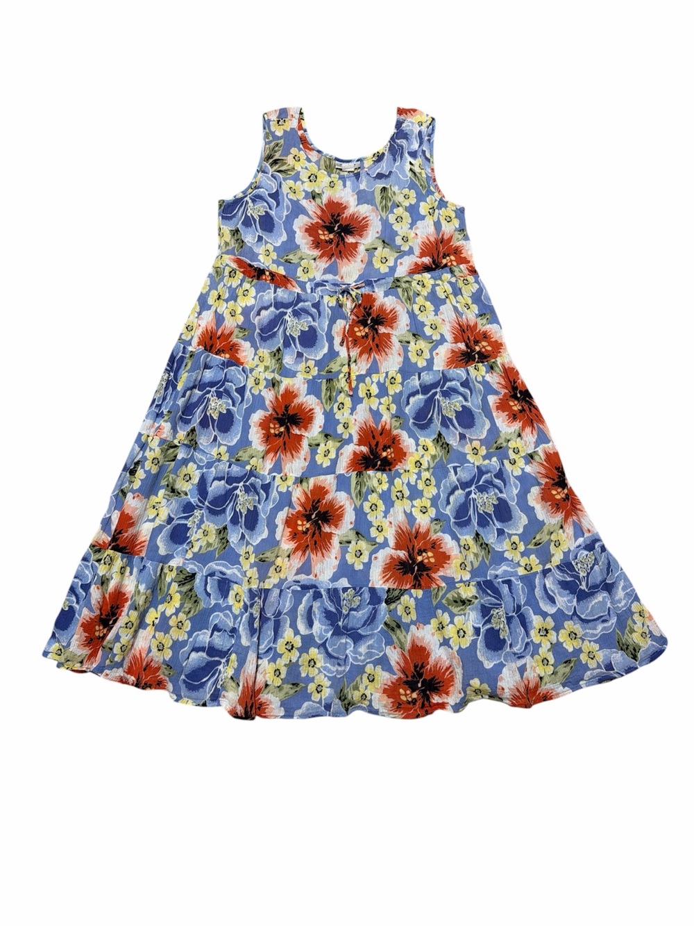 Vintage CW Classics Sleeveless Dress Womens 1X Blue Floral Hibiscus Coconut Girl